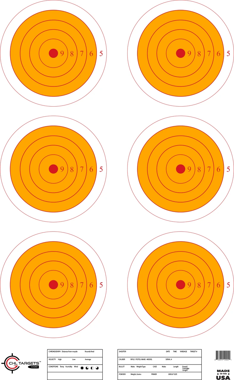 SRT 6Up 5-Ring Bullseye Targets ORANGE – 23x35 (100 Pack)