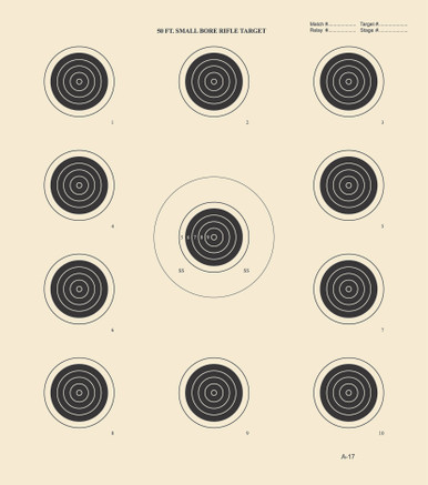 A-17 Official NRA 50 Foot Smallbore Rifle target, Conventional 4-Position (11 bulls including 1 ...