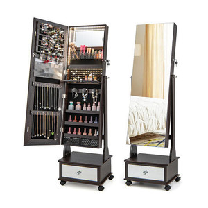 47 Inch Lockable Jewelry Cabinet Armoire with 3-Color LED Lights-Brown B593-JV11233 47 Inch Lockable Jewelry Cabinet Armoire with 3-Color LED Lights-Brown B593-JV11233