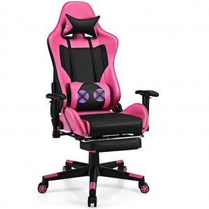 PU Leather Gaming Chair with USB Massage Lumbar Pillow and Footrest -Pink - Color: Pink D681-HW66628PI