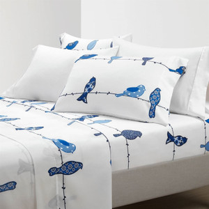 Queen size Blue White Floral Birds on Wire Soft Polyester 6 Piece Sheet Set Q280-QUBBDRT65412