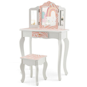 2-in-1 Kids Vanity Table Set with Tri-folding Mirror-Pink - Color: Pink D681-HY10067US-PI 2-in-1 Kids Vanity Table Set with Tri-folding Mirror-Pink - Color: Pink D681-HY10067US-PI