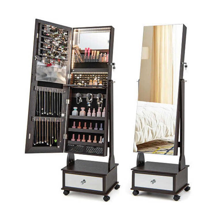 47 Inch Lockable Jewelry Cabinet Armoire with 3-Color LED Lights-Brown B593-JV11233