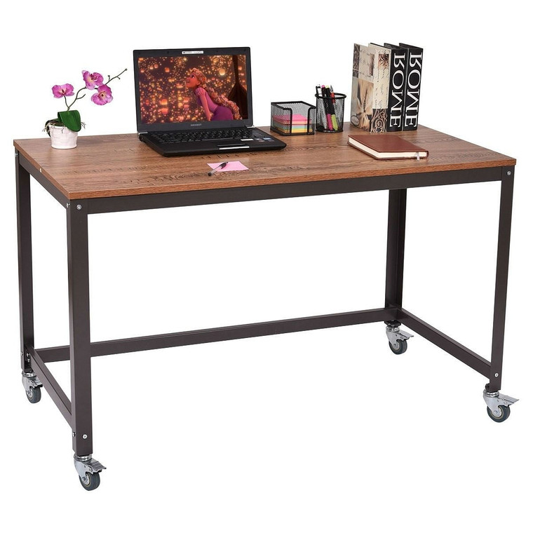 Industrial Modern Steel Frame Wood Top Computer Desk with Locking Wheels Q280-WTPLDOW4589381