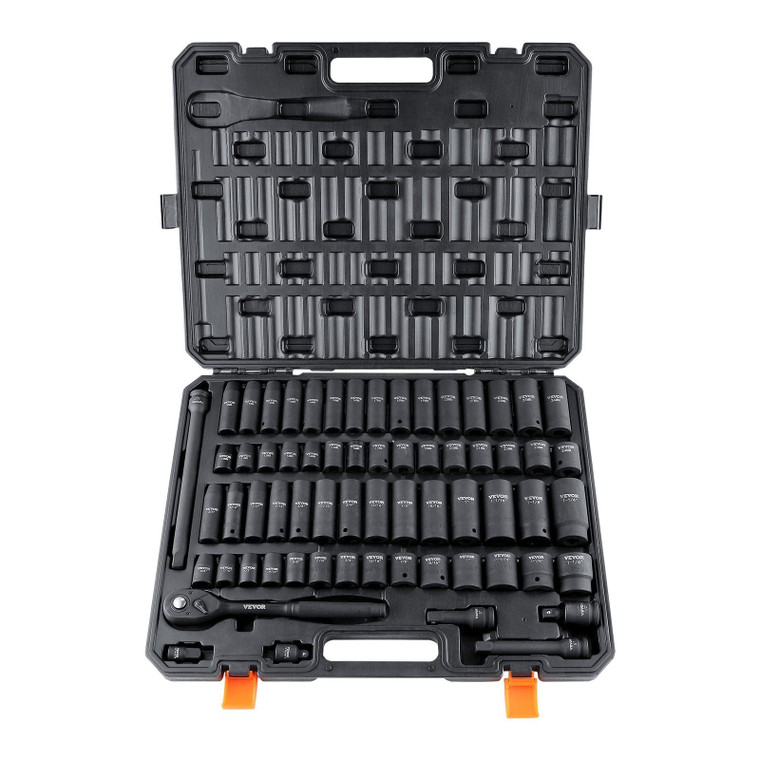 1/2" Drive Impact Socket Set, 65 Piece Socket Set SAE 3/8" to 1-1/4" and Metric 10-24mm, 6 Point Cr E415-CJT12SAECRV65DDRDV0