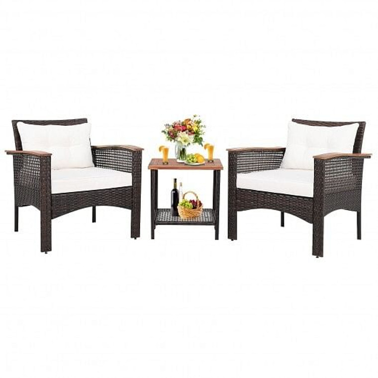 3 Pieces Patio Rattan Furniture Set with Acacia Wood Tabletop - Color: Off White D681-HW69536