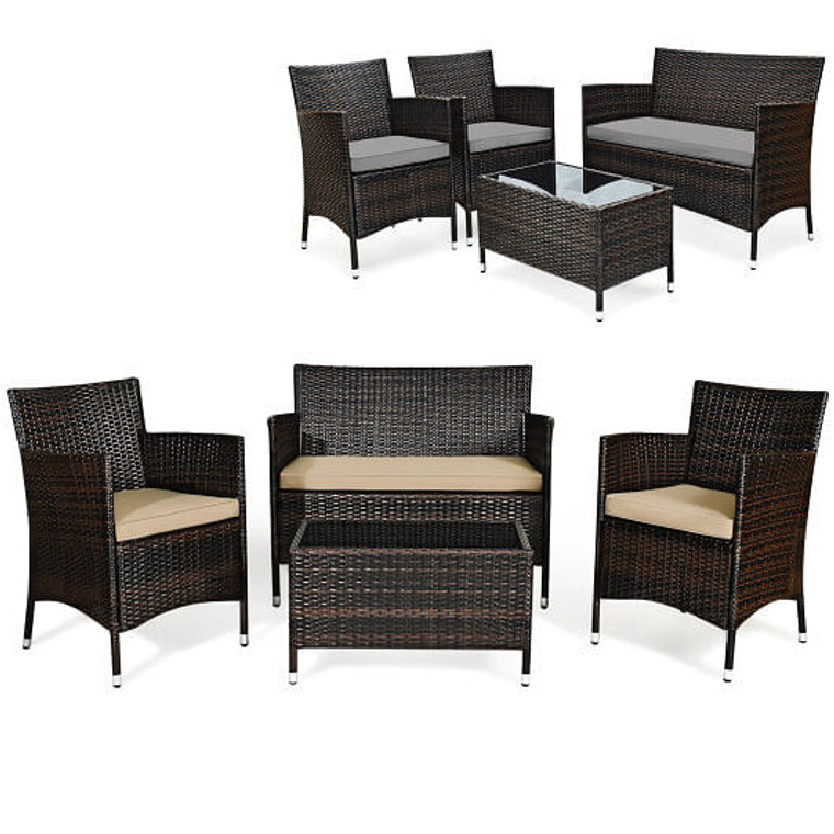 4 Pieces Comfortable Outdoor Rattan Sofa Set with Glass Coffee Table-Beige & Gray - Color: Beige &  D681-HW67772BG