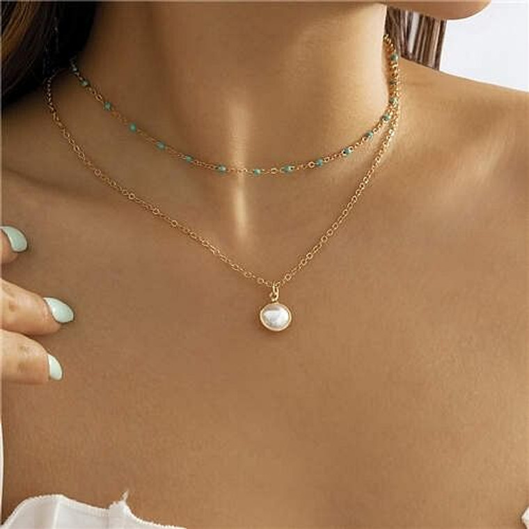Mini Beads Decorated Pearl Pendant Double Layers Choker Wholesale Necklace - Blue A392-fane7368