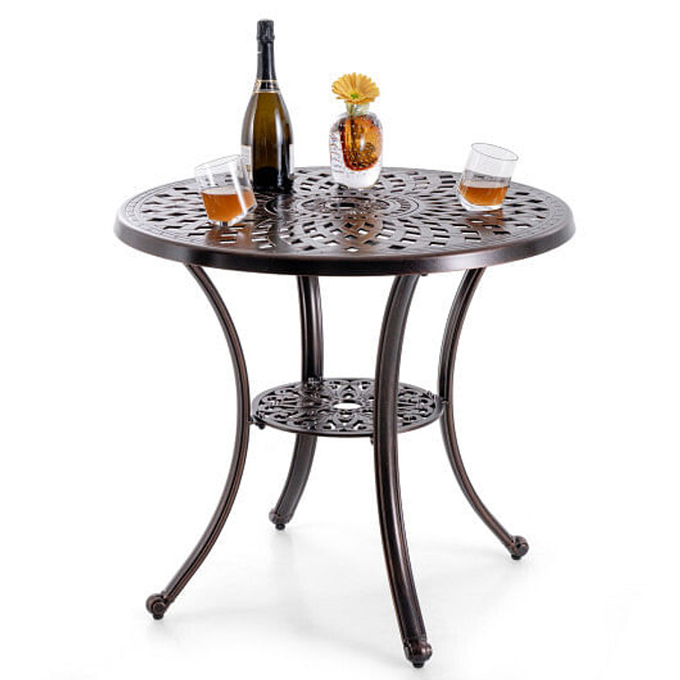 Patio Cast Aluminum Table 31 Inch Diameter Round Table with Umbrella Hole-Copper - Color: Copper D681-NP11473WN