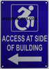 compliance sign - ACCESS AT LEFT SIDE OF BUILDING -  The Pour Tous Blue LINE