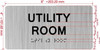 Sign UTILITY ROOM  with Raised letters/Image & Grade 2 Braille - Includes Red Adhesive pad for Easy Installation (Brushed Aluminum/silver, Tacticle ) - The park Ave Line