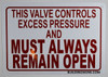 THIS VALVE CONTROLS EXCESS PRESSURE AND MUST ALWAYS REMAIN OPEN   Fire Dept Sign