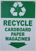 "Recycle - Cardboard Paper Magazines" SIGNAGE with Down Arrow SIGNAGE (Green/White Background,Aluminium, ))