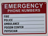 Emergency Phone Numbers Safety Sign - Fire, Police, Ambulance, Poison Center, Physician