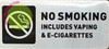 NO Smoking Including Vaping & E-Cigarettes Sign