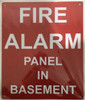 Building FIRE ALARM PANEL IN BASEMENT  (ALUMINUM , RED) sign