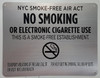 NYC Smoke Free Act Sign "No Smoking or Electric Cigarette Use"-for Establishment