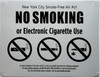 NYC NO SMOKING OR ELECTRONIC CIGARETTES  FOR RESTURANTS Signage