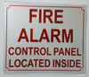 FIRE ALARM CONTROL PANEL LOCATED INSIDE  Compliance sign