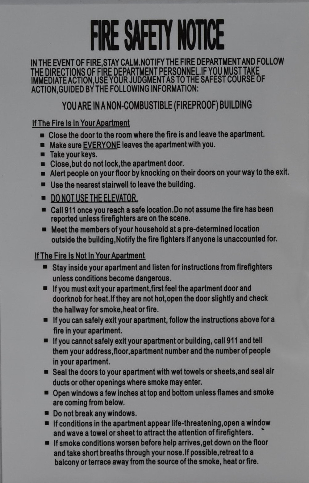 NYC FIRE SAFETY NOTICE FIREPROOF BUILDING