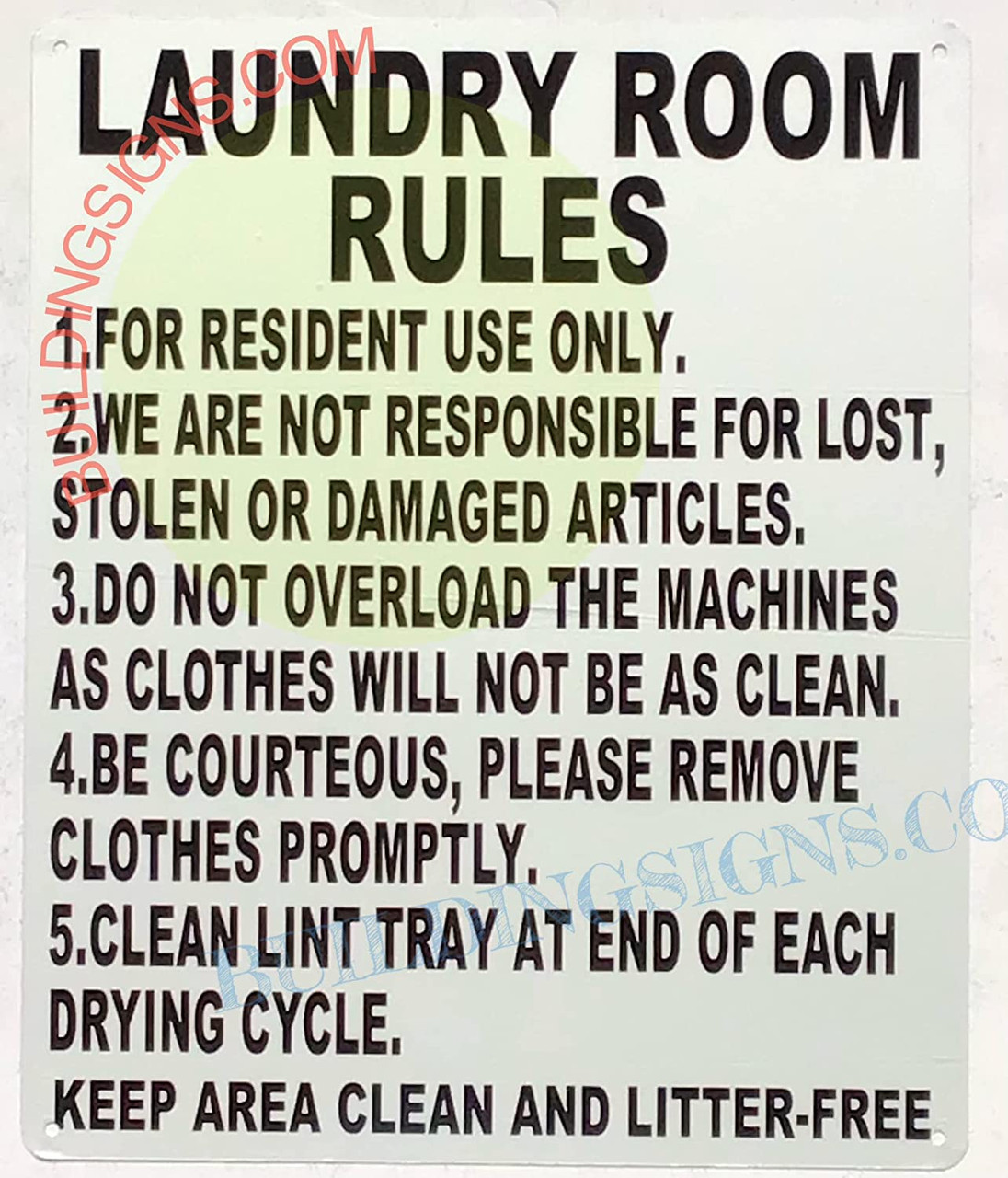 LAUNDRY ROOM RULES SIGN ( WHITE, Reflective ALUMINUM , 10x12 INCH)