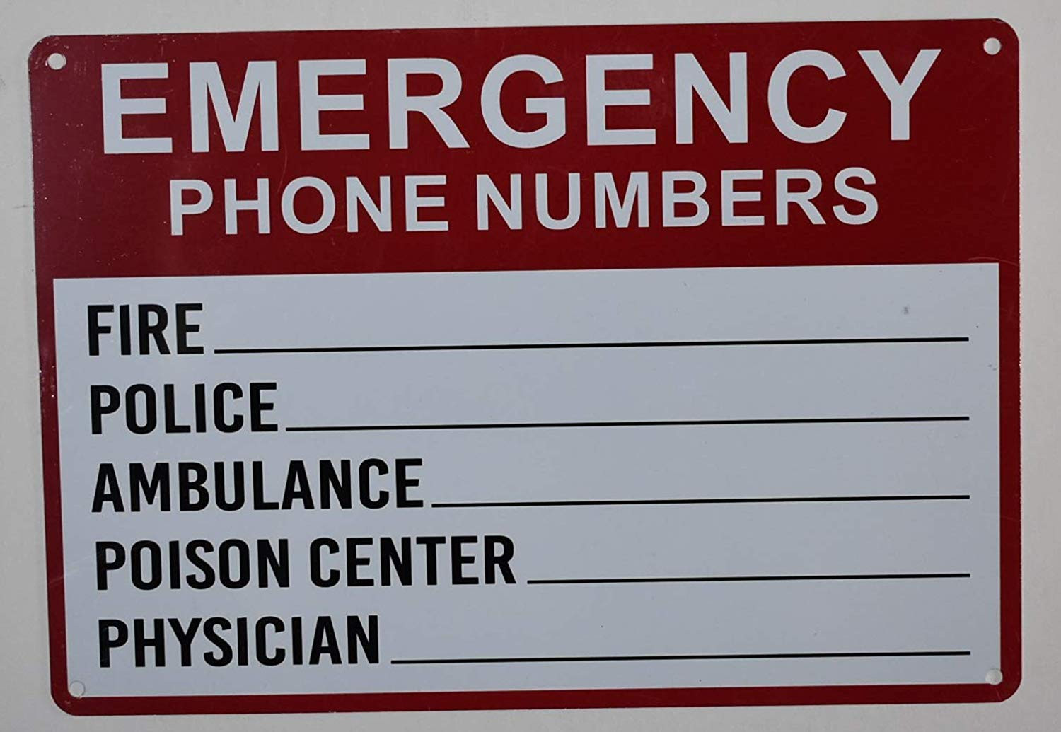 Emergency Phone Numbers Safety Sign - Fire, Police, Ambulance, Poison ...
