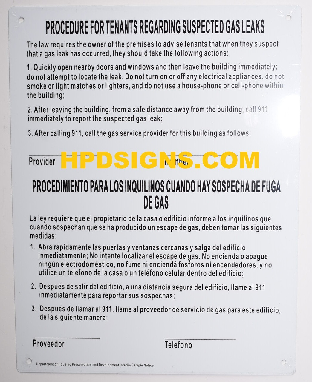 HPD GAS LEAK NOTICE SIGN