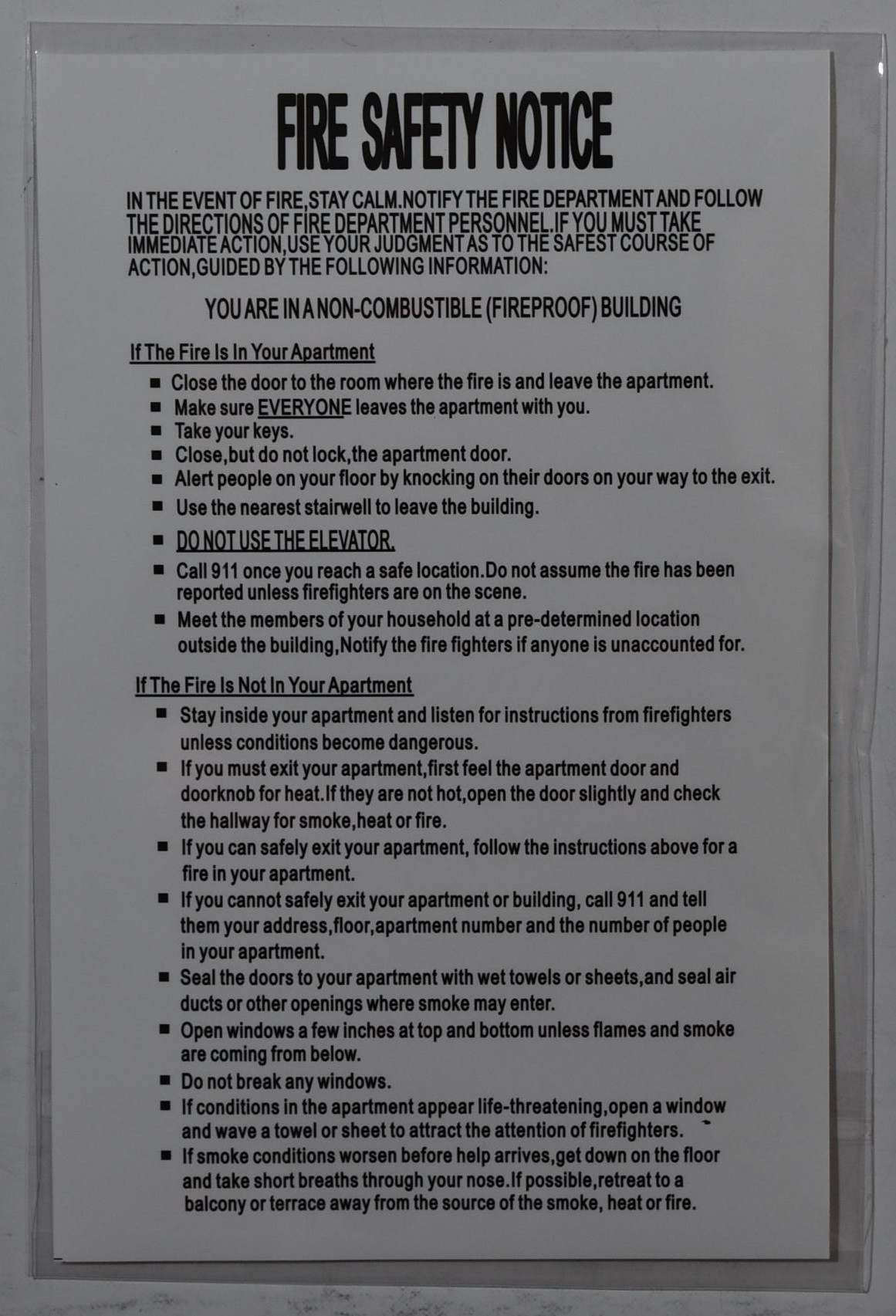 NYC FIRE SAFETY NOTICE FIREPROOF BUILDING