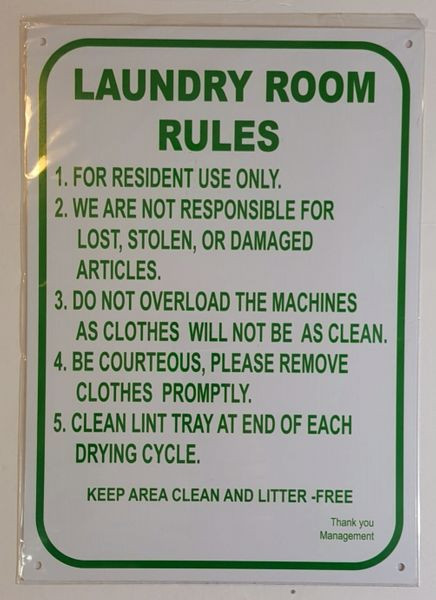 LAUNDRY ROOM RULES SIGN WHITE ALUMINUM