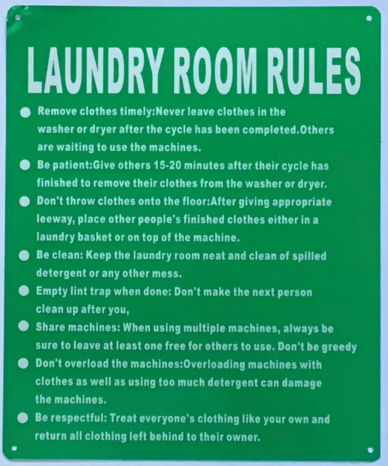 LAUNDRY ROOM RULES SIGN (10X12, Green, Aluminum)
