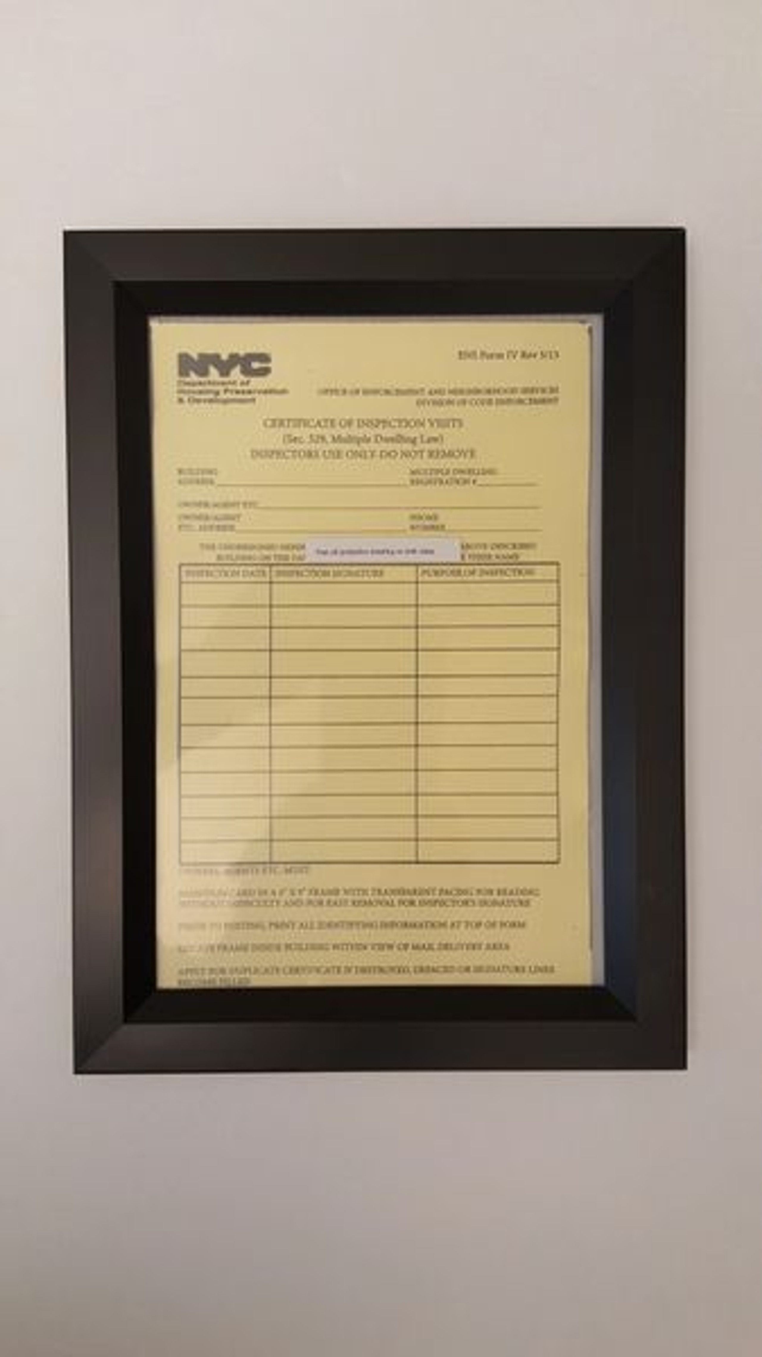 Elevator Inspection Certificate Frame Black ( Heavy Duty Aluminum