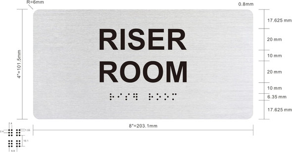 Sign RISER ROOM  Raised letters & Grade 2 Braille - Includes Red Adhesive pad for Easy Installation ( silver Color, Tacticle , Aluminium) - The Sensation line