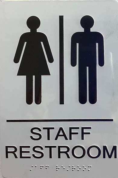 Sign RESTROOM  with Raised letters/Image & Grade 2 Braille - Includes Red Adhesive pad for Easy Installation ( white, Tacticle ) - The sensation line (STAFF RESTROOM)