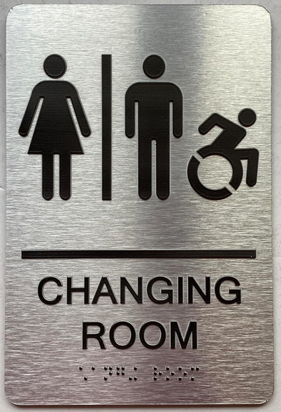 Sign CHANGING ROOM ACCESSIBLE  / Unisex CHANGING ROOM ACCESSIBLE  with Raised letters/Image & Grade 2 Braille - Includes Red Adhesive pad for Easy Installation ( Brushed Aluminum/silver, Tacticle ) - The park Ave Line