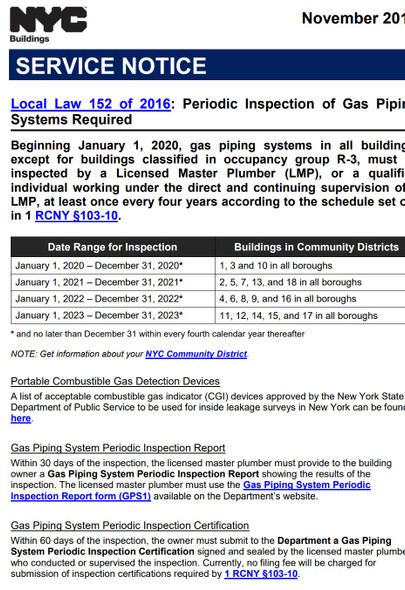 CODE Local Law 152: Periodic Inspection of Gas Piping Systems in NYC   (pdf file)