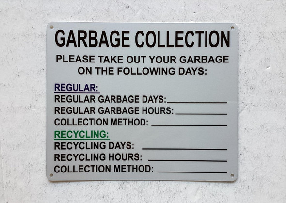 NYC NYC HPD GARBAGE COLLECTION DAYS SIGN
