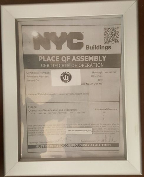 NYC PLACE OF ASSEMBLY CERTIFICATE OF OPERATION FRAME (CERTIFICATE FRAMES)Building Frame