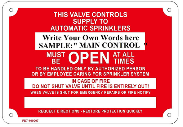 Control Valve - Must be Open at All Times Signage