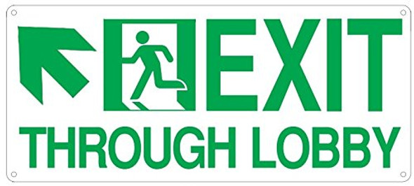 Exit Through Lobby UP Left Sign(Glow in The Dark Sign - Photoluminescent,High Intensity