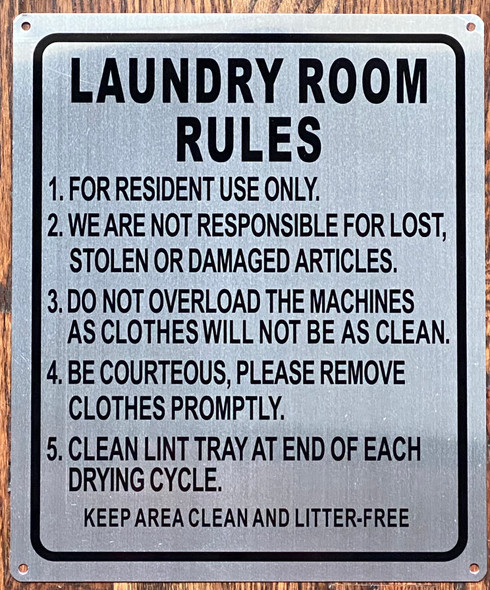 LAUNDRY ROOM RULES SIGN- BRUSHED ALUMINUM (ALUMINUM SIGNS 12X10)