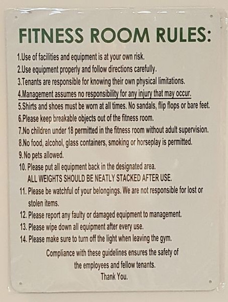 FITNESS ROOM RULES SIGN- WHITE BACKGROUND (ALUMINUM SIGNS)