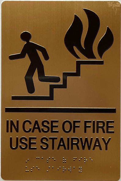 IN CASE OF FIRE USE STAIRWAY sign TACTILE SIGN WITH BRAILLE, RAISED LETTER AND PICTOGRAM -The sensation line