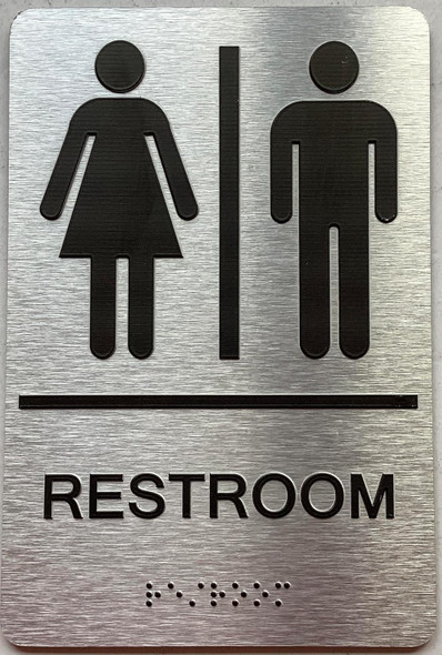 Restroom/Unisex ADA Compliant  with Raised letters/Image & Grade 2 Braille - Includes Red Adhesive pad for Easy Installation Signage