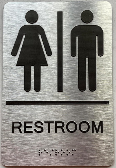Restroom/Unisex ADA Compliant  with Raised letters/Image & Grade 2 Braille - Includes Red Adhesive pad for Easy Installation