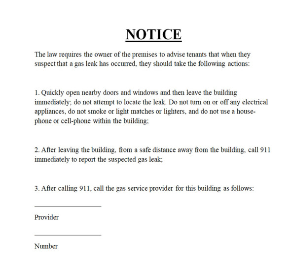 Gas leak notice FORM TO TENANT