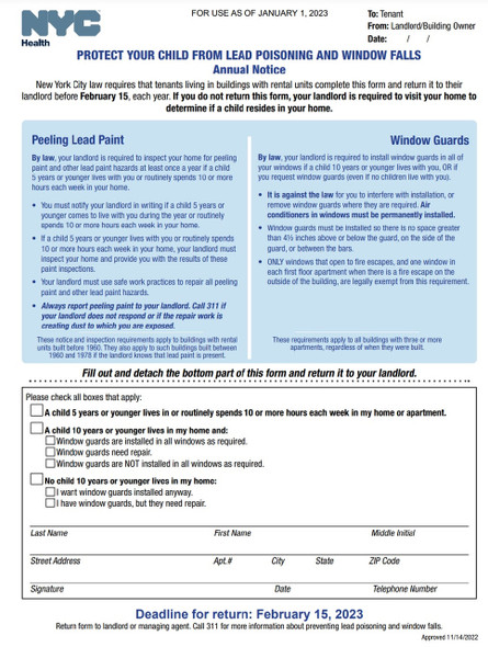 Windows guard and lead paint notice 2023 NYC