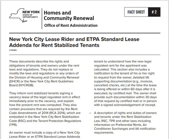 Fact Sheet #2: New York City Lease Rider and ETPA Standard Lease Addenda for Tenant