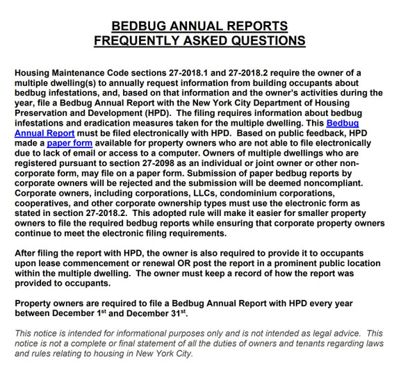 nyc Bed Bug Annual Report Requirement