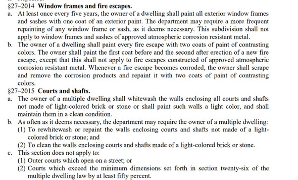 NYC HPD housing Maintenance Code
The New York City Housing Maintenance Code covers the responsibilities of owners, tenants, and the City for maintaining health, safety, repair, and maintenance in dwellings.