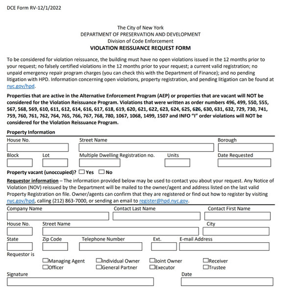 VIOLATION REISSUANCE REQUEST FORM HPD